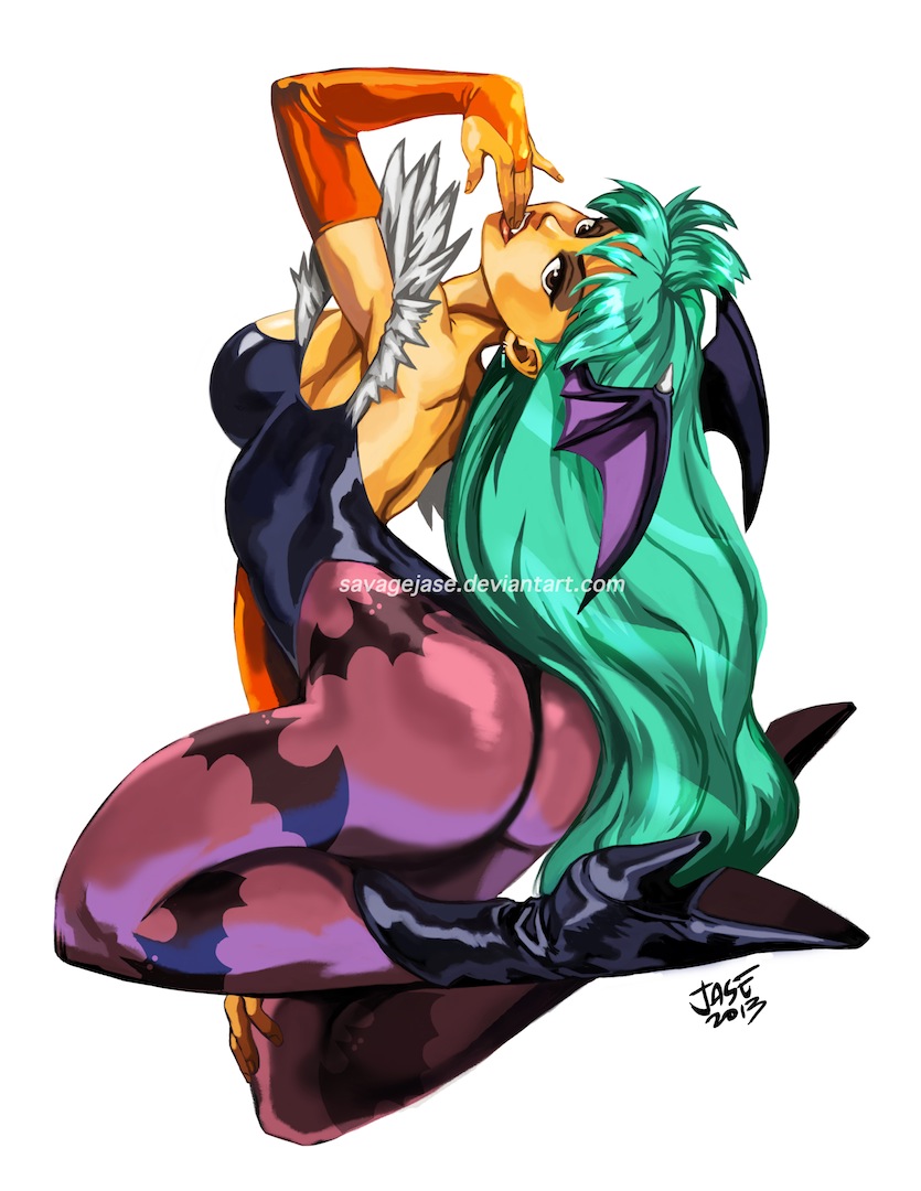 1girl aqua_hair arched_back ass bare_shoulders bat_print boots breasts bridal_gauntlets demon_girl elbow_gloves finger_in_mouth gloves head_wings high_heel_boots high_heels large_breasts leotard long_hair morrigan_aensland orange_gloves print_legwear purple_legwear savagejase solo succubus thong_leotard vampire_(game) watermark web_address