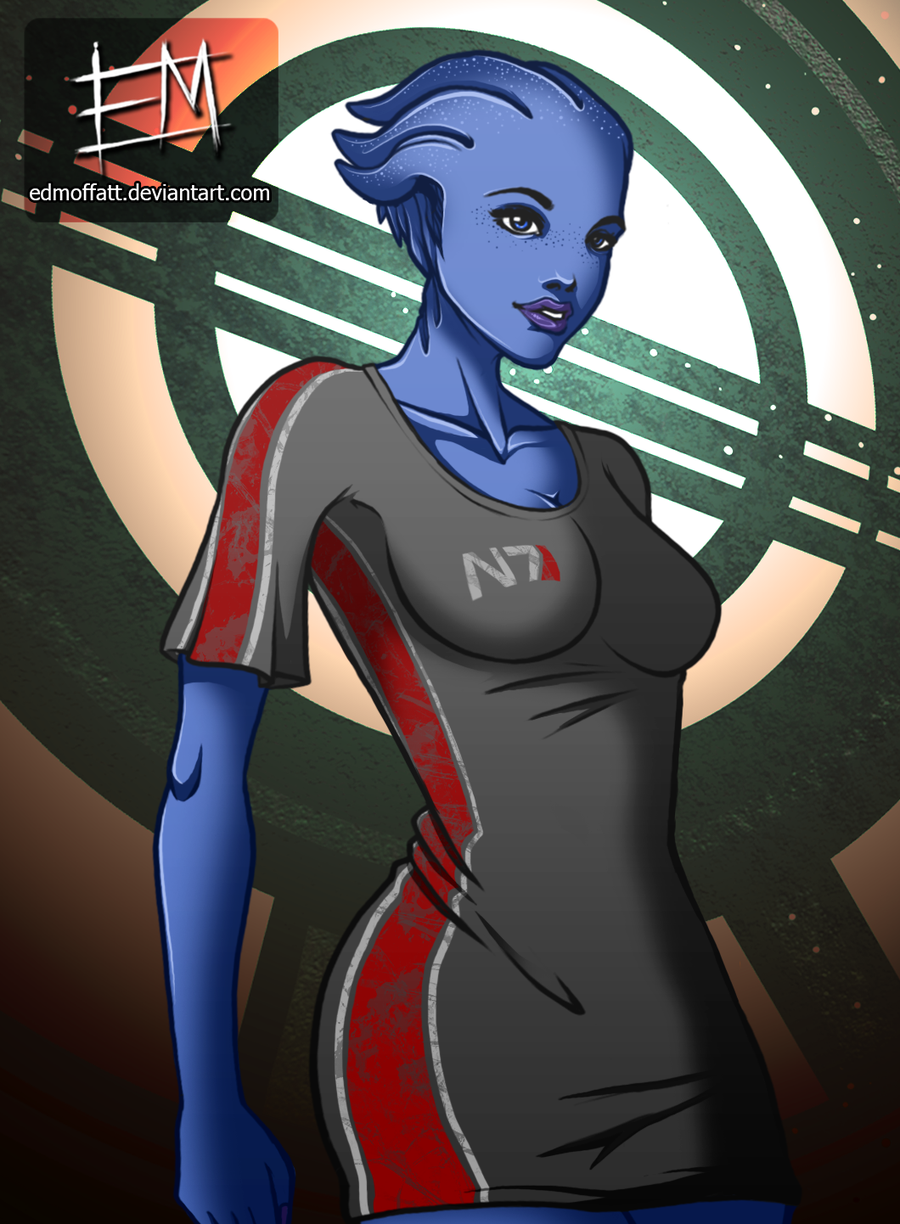 1girl alien asari bald blue_skin breasts collarbone ed_moffat freckles highres large_breasts liara_t'soni lips lipstick makeup mass_effect n7_armor solo t-shirt watermark web_address