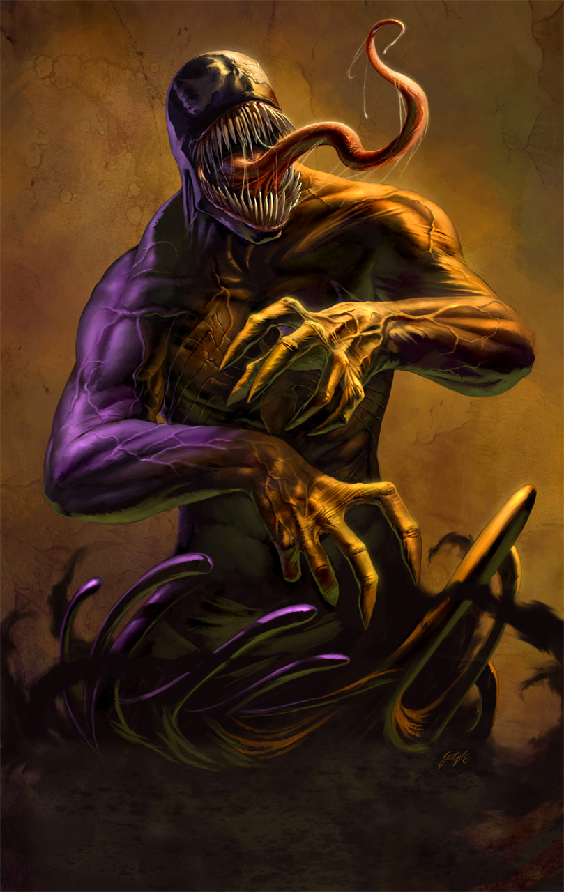 1boy alien highres jimmy_xu long_tongue marvel muscle open_mouth purple_skin realistic saliva saliva_trail sharp_teeth solo symbiote symbol tentacles tongue tongue_out venom_(marvel) white_eyes
