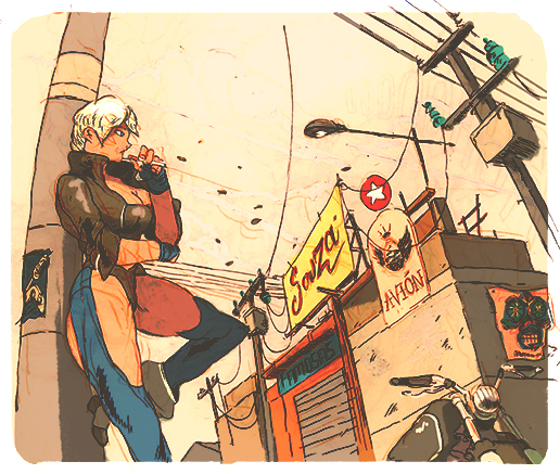 1girl angel_(kof) baptiste_pagani blue_eyes boots chaps cigarette cowboy_boots cropped_jacket fingerless_gloves gas_station gloves king_of_fighters leaning_back midriff motor_vehicle motorcycle navel short_hair short_shorts shorts sleeves_rolled_up smoking solo vehicle