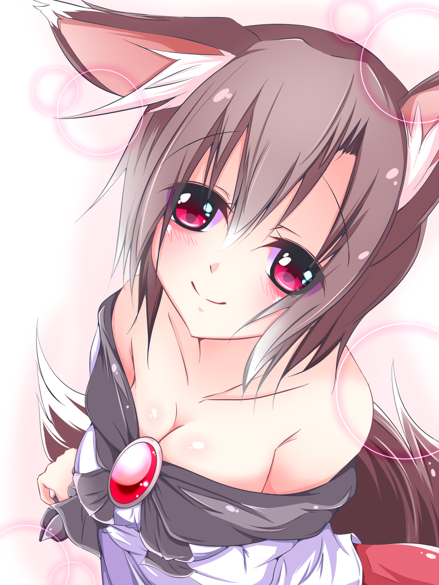 1girl animal_ears asn_s bare_shoulders blush breast_hold breasts brooch brown_hair bust circle cleavage collarbone dress gradient gradient_background highres imaizumi_kagerou jewelry leaning_forward long_sleeves looking_at_viewer looking_up pink_background red_eyes smile solo strapless_dress tail touhou wolf_ears wolf_tail