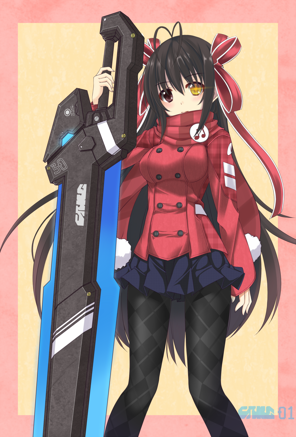 1girl antenna_hair arks_coat black_hair coat energy_sword hair_ribbon heterochromia highres long_hair pantyhose phantasy_star phantasy_star_online_2 pleated_skirt revision ribbon scarf skirt sogaya solo sword weapon