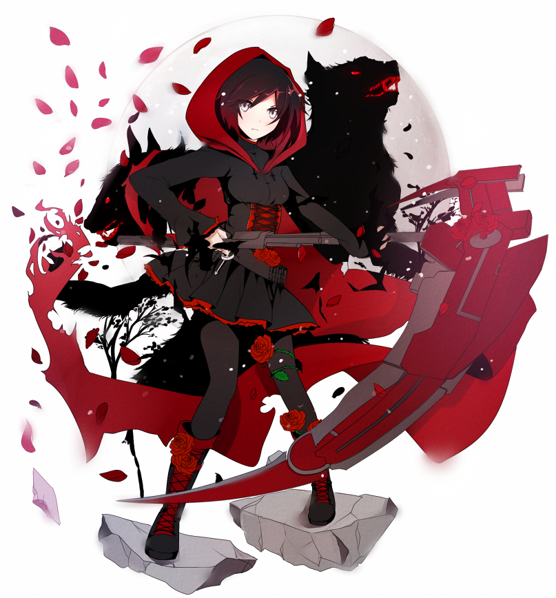 black_hair blue_eyes boots hoodie roses ruby_rose rwby scythe short_hair thigh-highs wolf