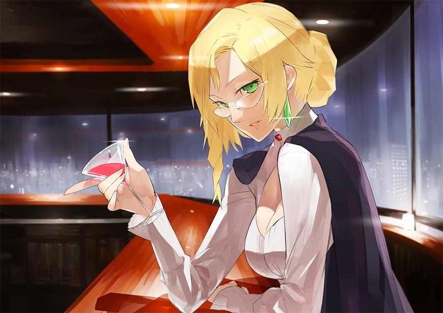 1girl blonde_hair breasts cape cleavage cup deigo drink earrings glasses glynda_goodwitch green_eyes hair_bun jewelry rwby skyline solo window wine_glass