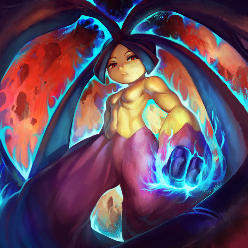 1girl abs aura breasts extra_mouth glowing glowing_fist mawile mega_mawile mega_pokemon muscle navel no_humans no_nipples pokemon pokemon_(creature) pokemon_(game) red_eyes serious solo yilx