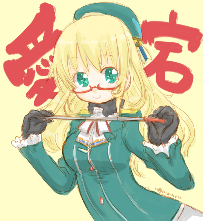 atago_(kantai_collection) background_text beret blonde_hair bowtie bust glasses gloves green_eyes hanimaru_(h@nimaru) hat hat_ribbon kantai_collection long_hair long_sleeves military military_uniform pointer red-framed_glasses ribbon semi-rimless_glasses smile under-rim_glasses uniform yellow_background