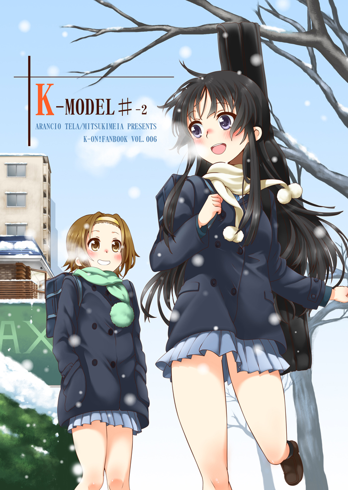 2girls akiyama_mio black_eyes black_hair brown_eyes brown_hair guitar_case hairband instrument_case k-on! long_hair mitsuki_meiya multiple_girls scarf school_uniform short_hair snow tainaka_ritsu