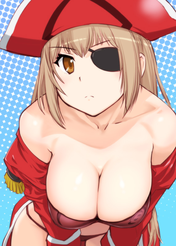 1girl amagi_brilliant_park bare_shoulders bikini breasts brown_eyes brown_hair cleavage eyepatch hat large_breasts leaning_forward long_hair long_sleeves off_shoulder pirate_hat sento_isuzu shiny shiny_hair solo swimsuit swimsuit_under_clothes ueyama_michirou