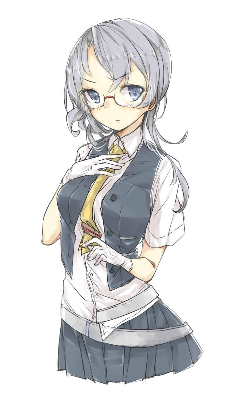 1girl asymmetrical_hair bespectacled blush bust collared_shirt glasses gloves grey-framed_glasses grey_eyes grey_skirt hand_on_own_chest highres kantai_collection looking_at_viewer necktie nowaki_(kantai_collection) open_clothes open_vest pleated_skirt semi-rimless_glasses silver_hair simple_background skirt solo tie_clip tomo_futoshi under-rim_glasses untucked_shirt vest white_background white_gloves