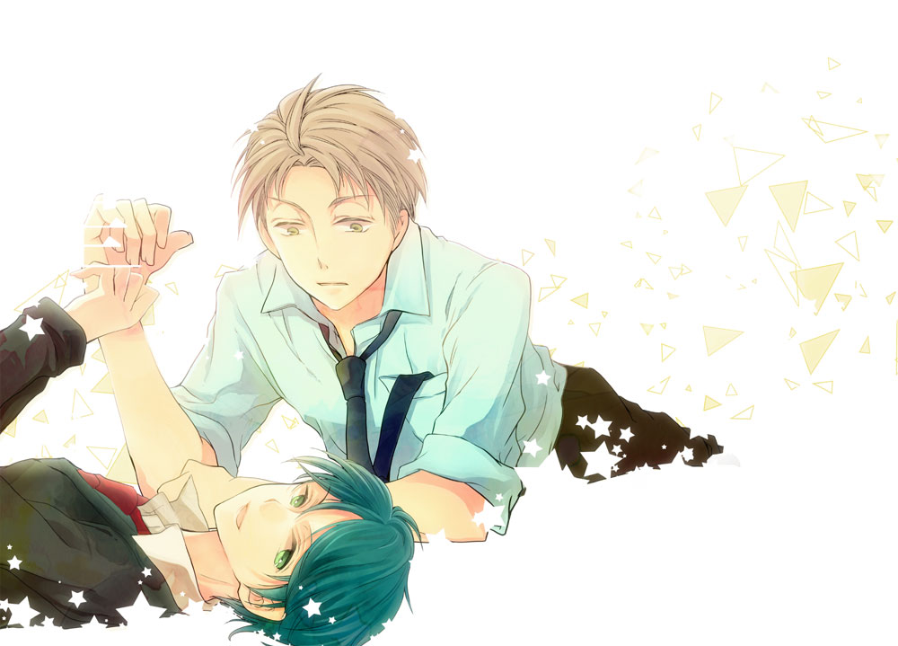 1boy 1girl blue_hair brown_eyes brown_hair gekkan_shoujo_nozaki-kun green_eyes hori_masayuki kashima_yuu lying mitsubi necktie on_back on_stomach reverse_trap short_hair smile star triangle