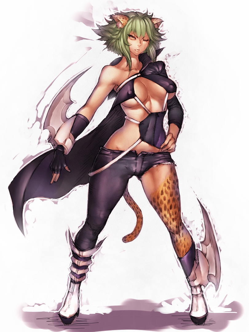 1girl animal_ears asymmetrical_clothes blade breasts fingerless_gloves fumio_(rsqkr) gloves green_hair looking_at_viewer one_eye_closed original scarf short_hair solo tail tiger_ears tiger_tail under_boob yellow_background