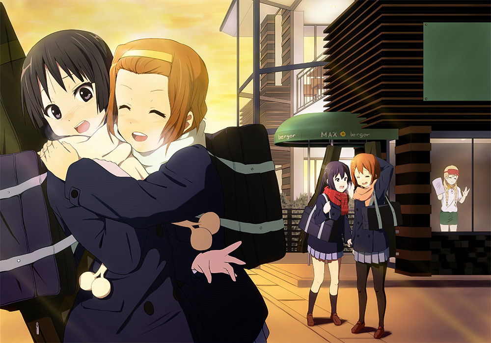 5girls akiyama_mio bag black_eyes black_hair brown_hair closed_eyes hairband hirasawa_yui hug k-on! kotobuki_tsumugi long_hair multiple_girls nakano_azusa scarf school_uniform short_hair tainaka_ritsu zasshu_tamashii