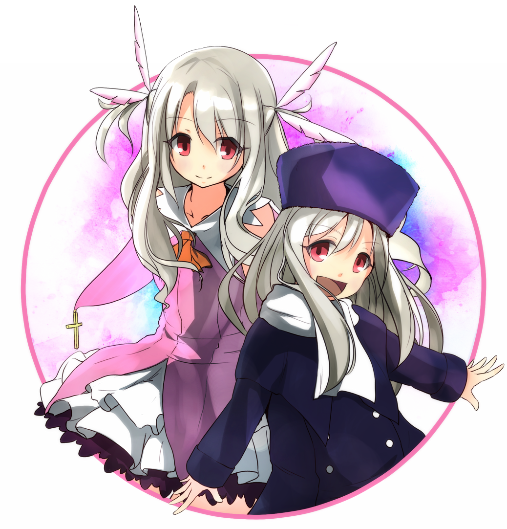 2girls chippucream dual_persona fate/kaleid_liner_prisma_illya fate/stay_night fate_(series) feathers hair_feathers hat illyasviel_von_einzbern long_hair magical_girl multiple_girls red_eyes white_hair