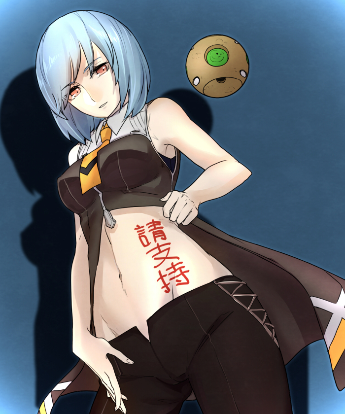 1girl bare_shoulders blue_hair breasts gloves marguerite_(unlight) midriff mound_of_venus naive_(day) navel necktie red_eyes robot short_hair solo unlight