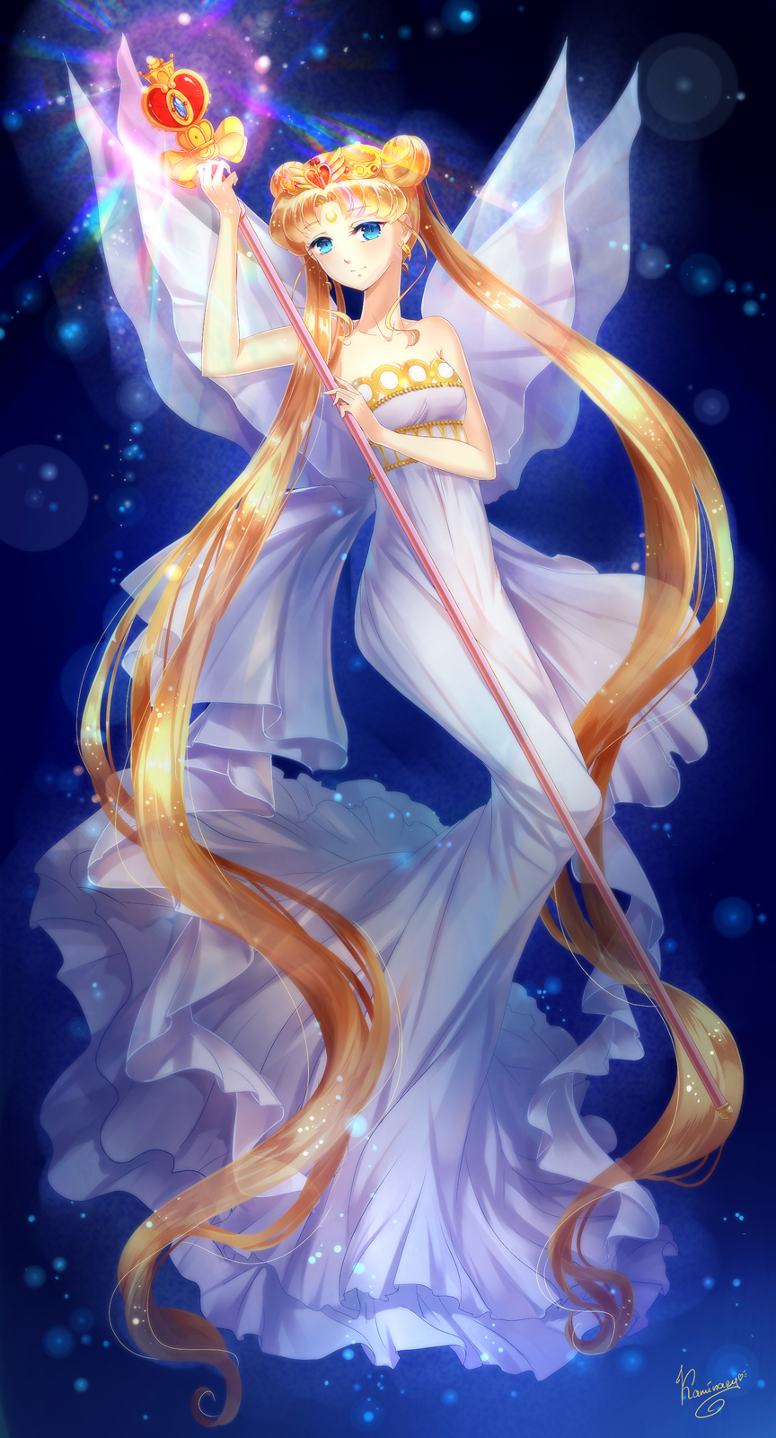 1girl bare_shoulders bishoujo_senshi_sailor_moon blonde_hair blue_background blue_eyes bow double_bun dress highres kaminary long_hair neo_queen_serenity signature smile solo spiral_heart_moon_rod staff strapless_dress tiara tsukino_usagi twintails white_dress