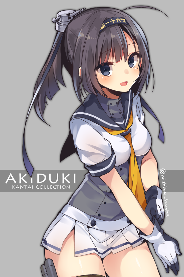 1girl ahoge akizuki_(kantai_collection) character_name copyright_name gloves hair_ornament kantai_collection looking_at_viewer mishima_kurone necktie open_mouth sailor_collar skirt solo tagme twitter_username