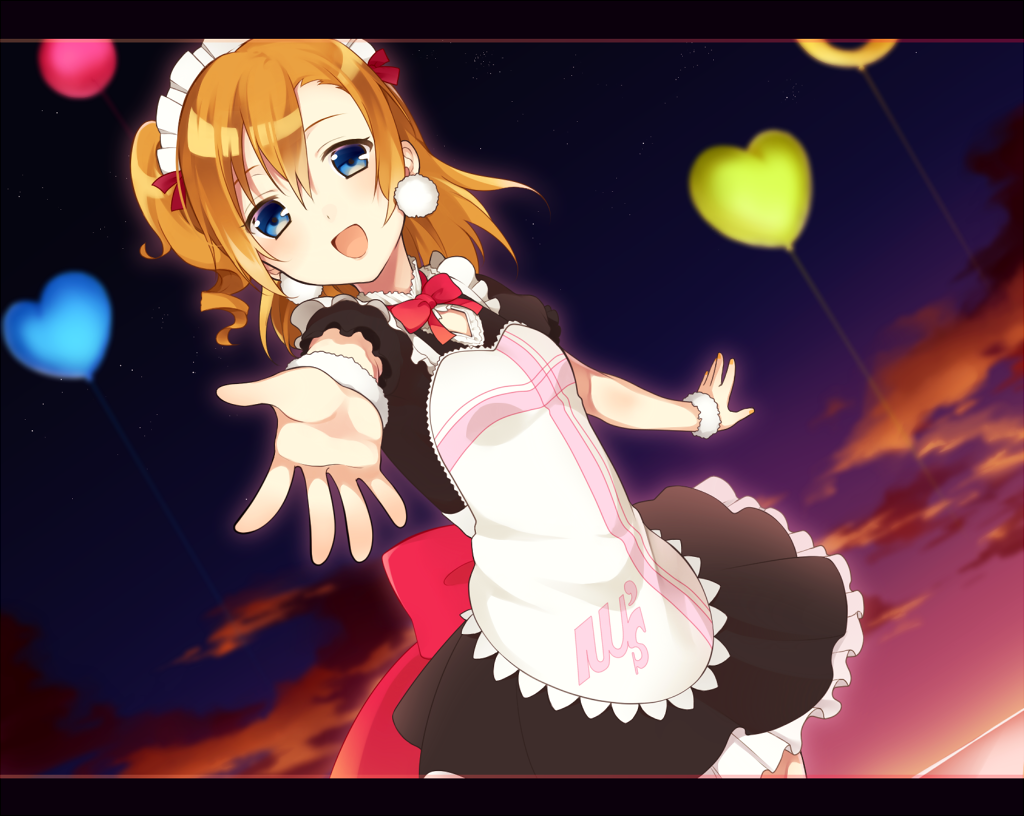 1girl blue_eyes chisumi dutch_angle frilled_skirt frills heart kousaka_honoka looking_at_viewer love_live!_school_idol_project maid maid_headdress mogyutto_"love"_de_sekkin_chuu! open_mouth orange_hair reaching_out side_ponytail skirt solo