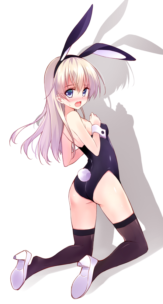 1girl animal_ears ass bare_shoulders black_legwear blue_eyes blush bunny_girl bunny_tail bunnysuit eila_ilmatar_juutilainen fang hayakawa_harui high_heels long_hair looking_at_viewer open_mouth rabbit_ears revision shoe_dangle silver_hair simple_background small_breasts solo strike_witches tail thigh-highs white_background wrist_cuffs