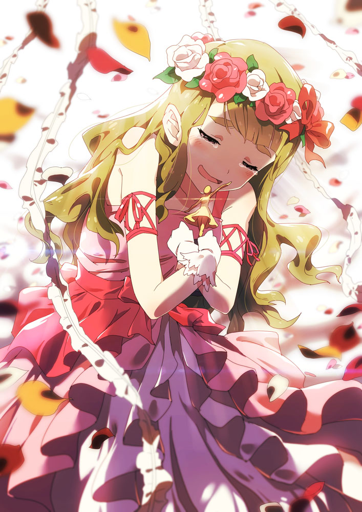 :d bangs bare_shoulders blunt_bangs blurry blush closed_eyes collarbone crossed_arms crying dress eyebrows flower flowing_dress hands_on_own_chest happy idolmaster idolmaster_million_live! layered_dress long_hair miyao_miya narumi_arata open_mouth smile thick_eyebrows trophy wavy_hair wavy_mouth