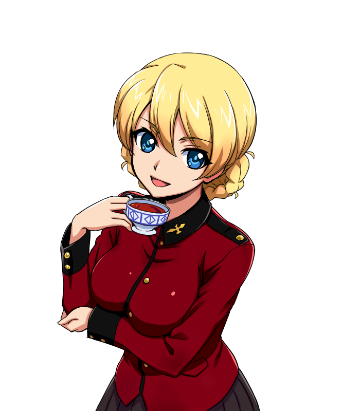 1girl blonde_hair blue_eyes braid breast_hold bust cup darjeeling girls_und_panzer holding holding_elbow jacket kyata long_sleeves looking_at_viewer military military_uniform open_mouth pleated_skirt short_hair skirt smile solo tea teacup uniform white_background