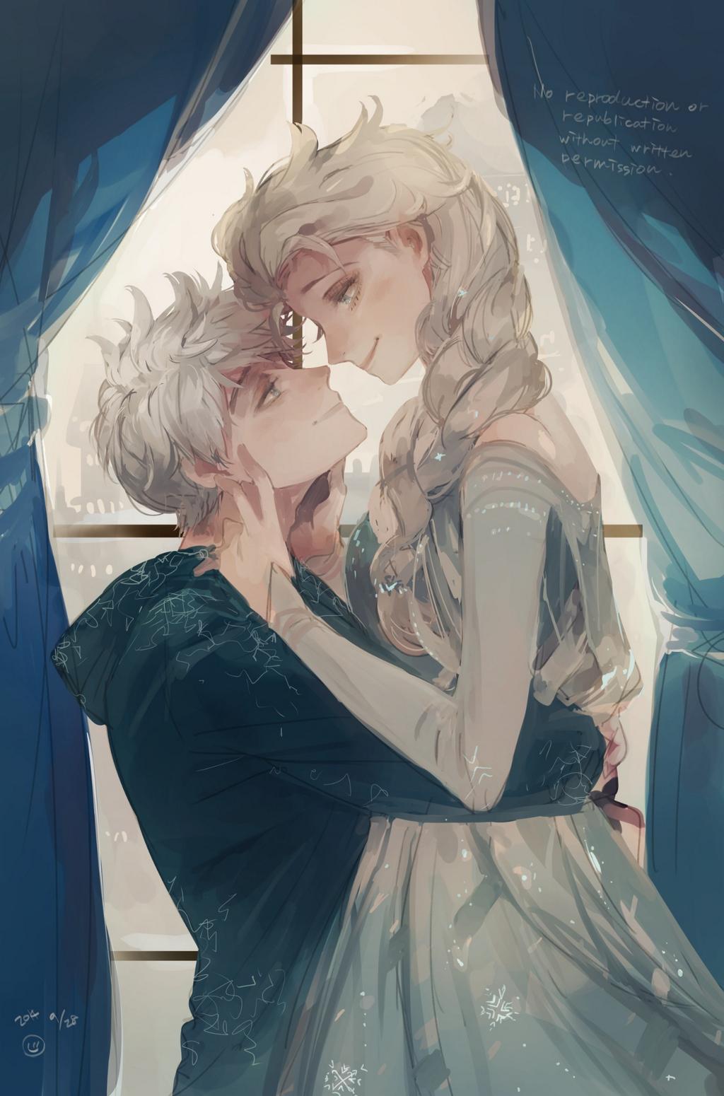 1boy 2014 blue_dress braid couple crossover curtains dated dress elsa_(frozen) from_side frozen_(disney) half-closed_eyes hetero highres hiphip_hurray hug jack_frost_(rise_of_the_guardians) long_hair platinum_blonde rise_of_the_guardians sepia short_hair side_braid silver_hair single_braid smile touching window