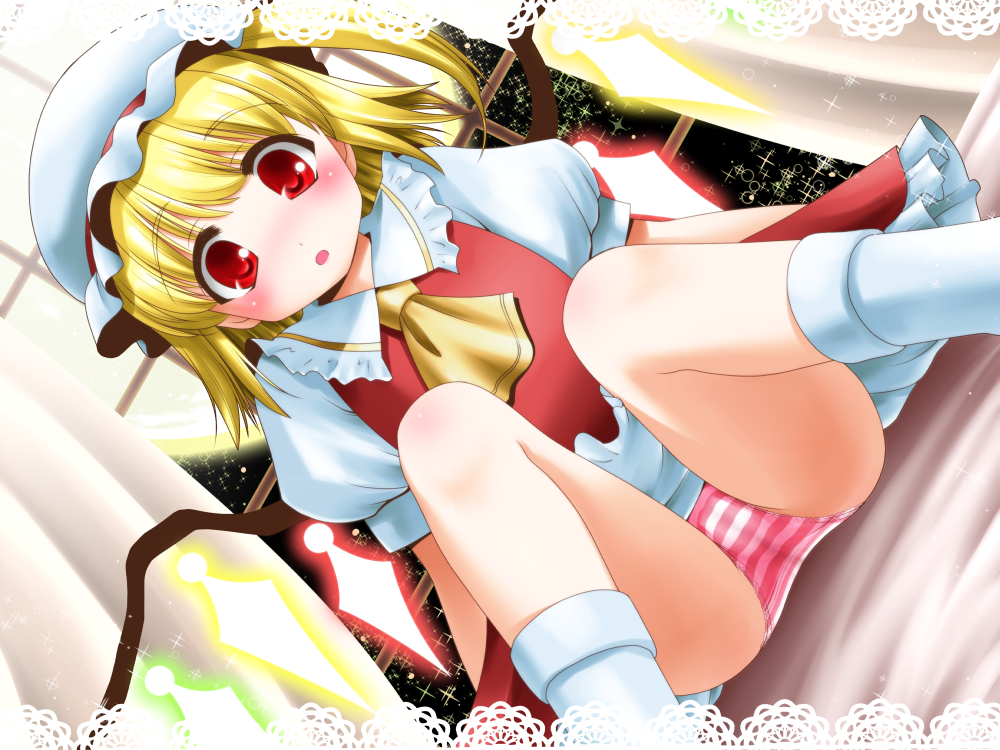 1girl :o arm_support arms_at_sides asymmetrical_hair asymmetrical_wings blonde_hair blush curtains flandre_scarlet looking_at_viewer mob_cap open_mouth panties pantyshot puffy_short_sleeves puffy_sleeves red_eyes red_shirt red_skirt short_hair short_sleeves skirt sleeveless sleeveless_shirt solo tomoki touhou underwear white_blouse window wings