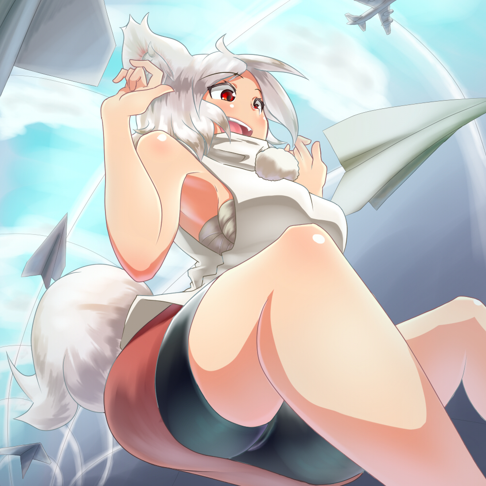 1girl airplane animal_ears bare_shoulders breasts inubashiri_momiji open_mouth paper paper_airplane pom_pom_(clothes) red_eyes sarashi short_hair silver_hair solo tail tochinoko touhou wolf_ears wolf_tail