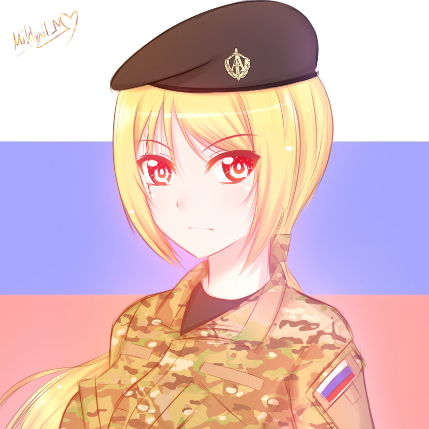 1girl beret blonde_hair camouflage hat mikhail_n military military_uniform multicam_(camo) ponytail russia uniform