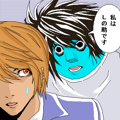 black_hair blonde_hair blue_skin bobobo-bo_bo-bobo death_note i_am_l jelly_jiggler parody red_eyes tokoro_tennosuke yagami_light