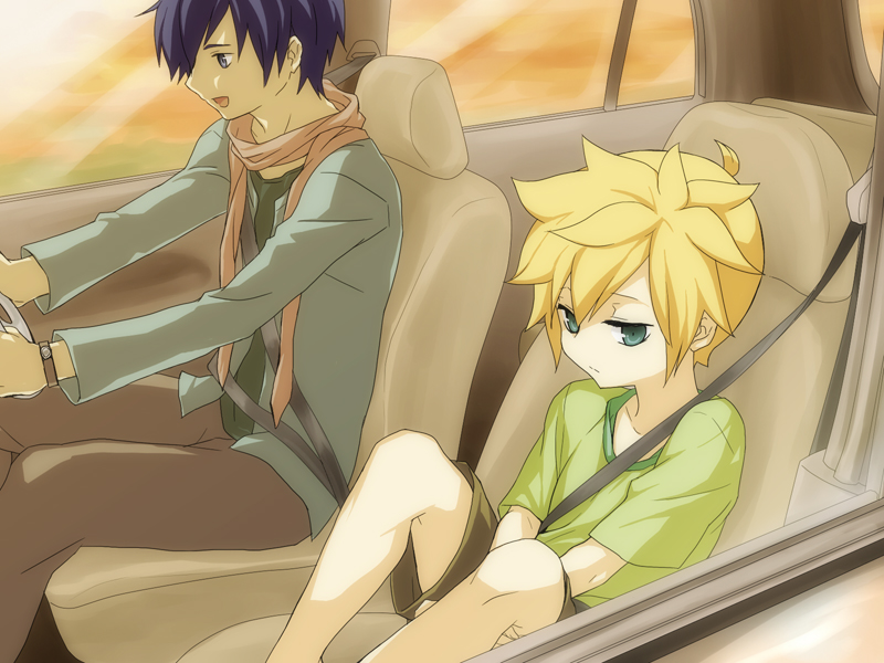 aqua_eyes blonde_hair blue_eyes blue_hair car car_interior kagamine_len kaito male motor_vehicle multiple_boys oumi_sanaka short_hair shorts sitting smile vehicle vocaloid