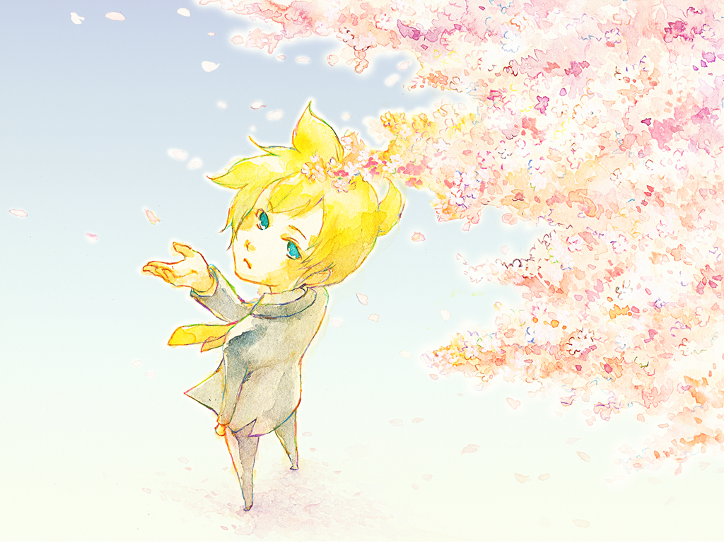 blonde_hair cherry_blossoms colored_pencil_(medium) formal from_above kagamine_len looking_up necktie short_hair shou_shishi solo suit traditional_media tree vocaloid watercolor_(medium)