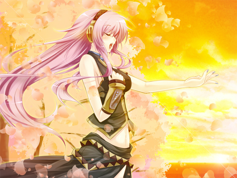 closed_eyes long_hair megurine_luka midriff nail_polish navel open_mouth petals pink_hair skirt sunset vocaloid yukinon