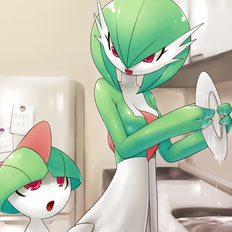 1girl angry breasts creatures_(company) dish dishwashing game_freak gardevoir gen_3_pokemon holding kitchen mother_and_daughter nintendo nme no_humans open_mouth personification poke_ball pokemon pokemon_(creature) pokemon_rse ralts red_eyes refrigerator