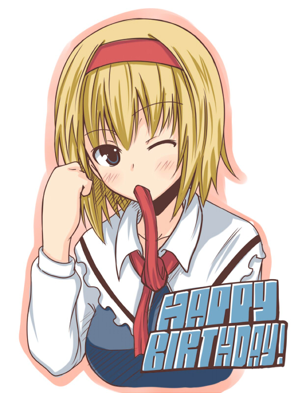 alice_margatroid blonde_hair happy_birthday mouth_hold rock_heart short_hair touhou wink