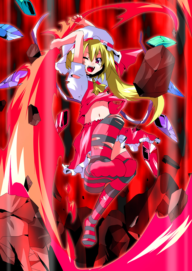1girl blonde_hair flandre_scarlet hat kuroneko_no_toorimichi long_hair navel red_eyes side_ponytail solo striped striped_legwear thighhighs torn_clothes touhou wings wink