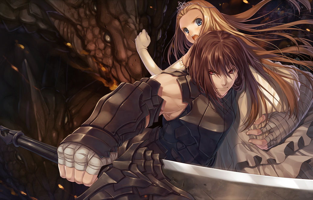 armor blonde_hair brown_hair couple crown dragon dress elbow_gloves elbow_pads fantasy gloves keg long_hair male muscular open_mouth original princess red_eyes smile sword tiara weapon white_dress