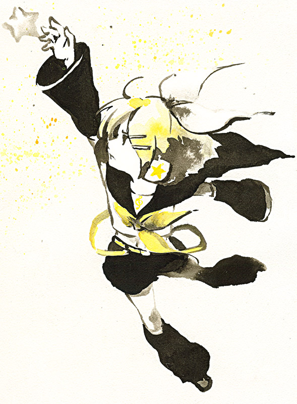detached_sleeves hair_ornament hairclip hands headphones kagamine_rin outstretched_arm outstretched_hand reaching short_hair shou_shishi solo star traditional_media vocaloid watercolor_(medium)