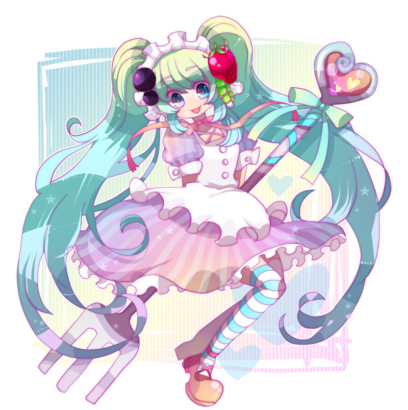 aqua_eyes aqua_hair awayuki blueberry dress food food_themed_clothes fork fruit hairband hatsune_miku long_hair oversized_object shoes smile solo strawberry striped striped_legwear striped_thighhighs thigh-highs thighhighs tongue twintails very_long_hair vocaloid