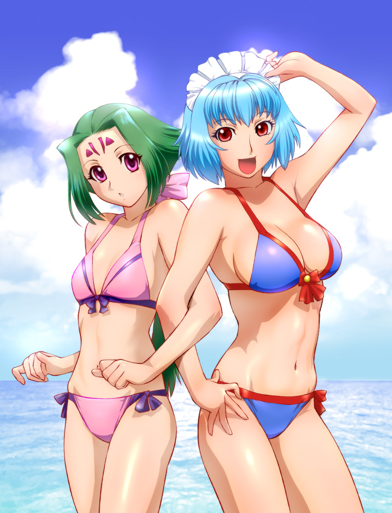 bikini blue_hair breasts cleavage cloud crossover dorae_tachibana_doryayev facial_mark fiona_(zoids) flat_chest forehead_mark front-tie_top green_hair hand_on_hip locked_arms long_hair maid_headdress multiple_girls pink_eyes ponytail red_eyes short_hair side-tie_bikini swimsuit tsumanuda_fight_town ueyama_michirou water zoids zoids_chaotic_century