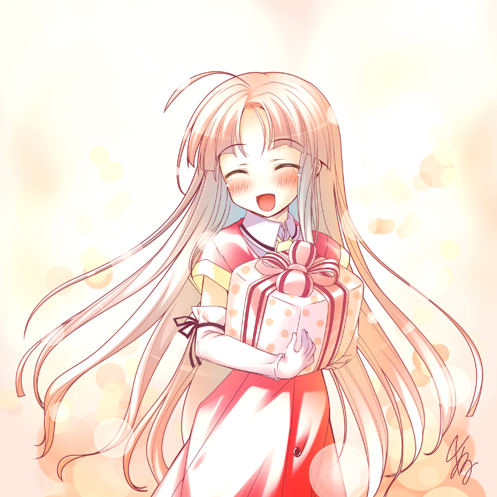 al_azif_(artist) blush closed_eyes elbow_gloves gift gloves happiness! happy holding holding_gift long_hair open_mouth shikimori_ibuki smile solo tears very_long_hair