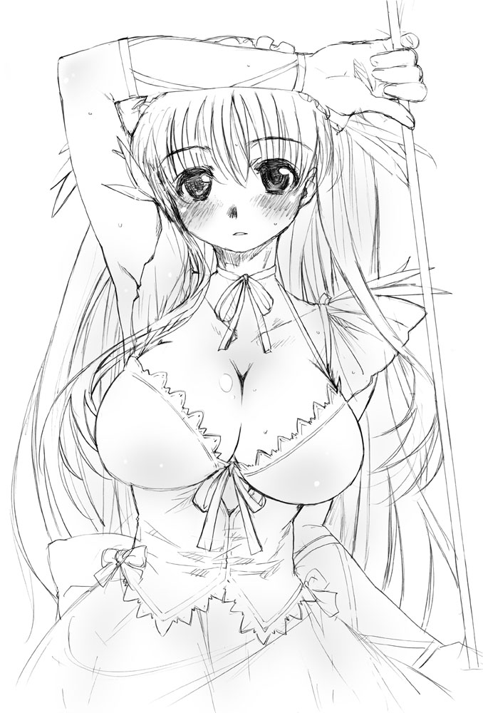 arm_up armpits blush breasts bustier cleavage face hands haramura_nodoka large_breasts monochrome no_bra nodocchi ribbon_choker saki sketch solo yamaguchi_homupe