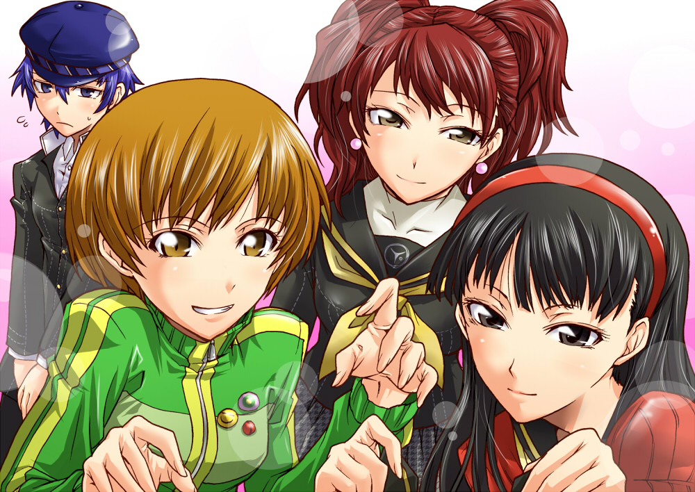 amagi_yukiko androgynous black_hair blue_eyes blue_hair brown_eyes brown_hair cabbie_hat earrings hat jewelry kujikawa_rise multiple_girls persona persona_4 reverse_trap satonaka_chie school_uniform segami_daisuke shirogane_naoto short_hair twintails