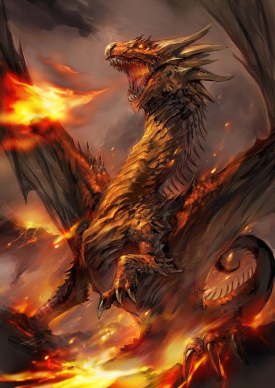 cloud dark dragon fangs fantasy fire glow glowing_eyes horns hot no_humans original pixiv258105 sky solo spikes tail wings
