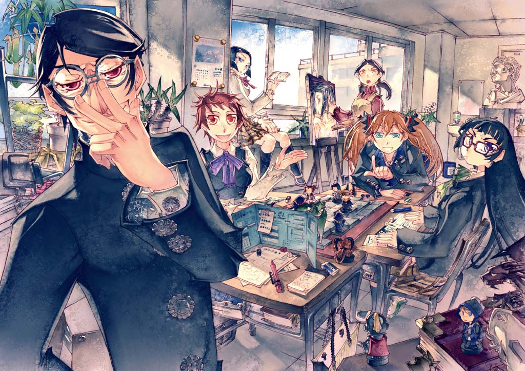 5girls adjusting_glasses art_brush canvas_(object) clubroom dice dungeons_and_dragons glasses houseplant mechanical_pencil multiple_girls original paintbrush pencil plant playing_games potted_plant school school_uniform statue tabletop_rpg wooden_pencil yoshida_tooru yoshita_tohru