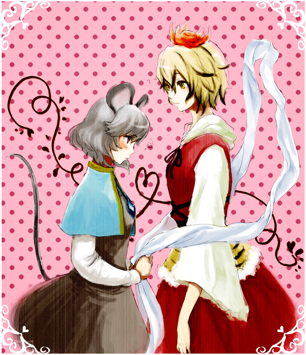 blonde_hair blush grey_hair hair_ornament height_difference jewelry mouse_ears mouse_tail nazrin pendant polka_dot polka_dot_background profile red_eyes ria shawl short_hair tail tail_raised toramaru_shou touhou yellow_eyes yuri