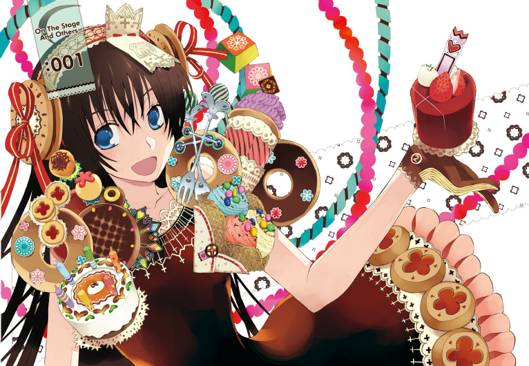 bad_id black_hair blue_eyes cake dress food food_as_clothes food_themed_clothes gloves long_hair open_mouth original pastry solo sweets