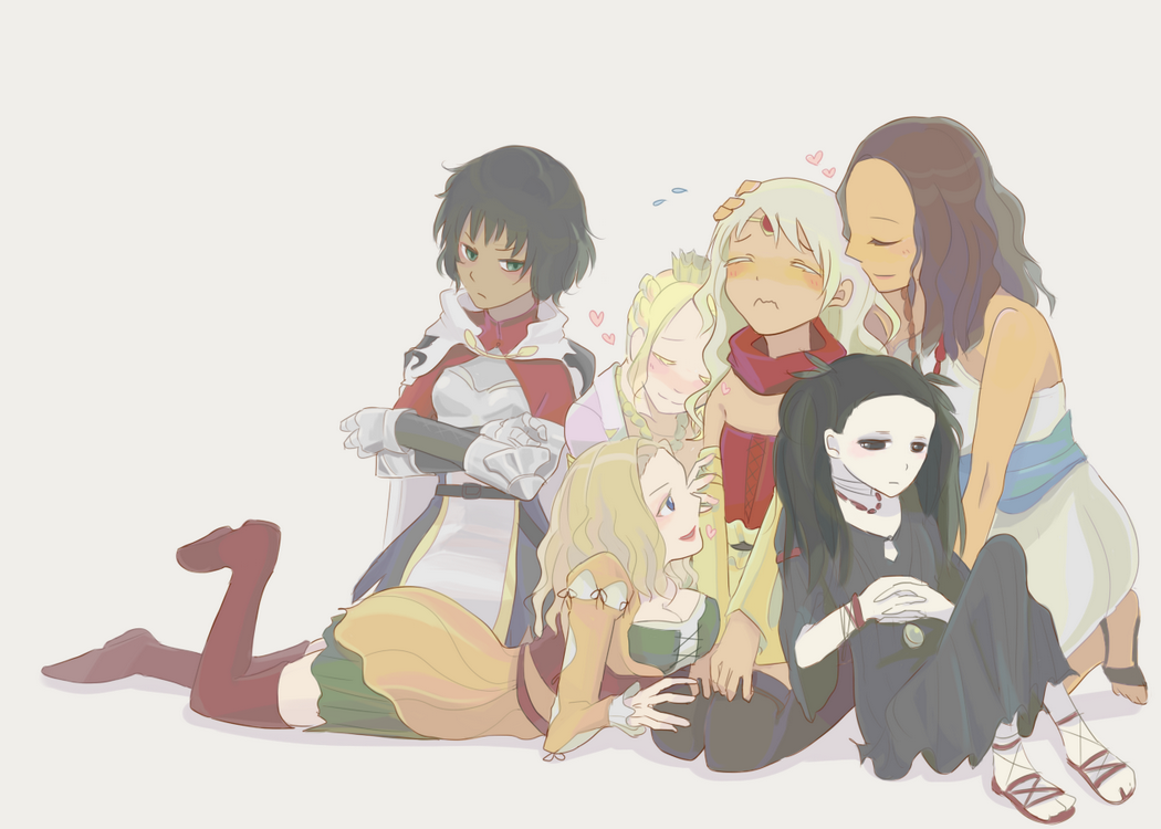 6+girls aelinore_(dragon's_dogma) arisen_(dragon's_dogma) armor black_hair blonde_hair boots breastplate breasts brown_hair cape cleavage crown dark_skin detached_sleeves dragon's_dogma flat_chest gauntlets harem hug kneeling large_breasts lying lying_on_person madeleine_(dragon's_dogma) mercedes_marten mini_crown multiple_girls nanashi_(ethna0622) on_stomach pale_skin quina_(dragon's_dogma) sandwiched scarf selene_(dragon's_dogma) silver_hair skirt thigh-highs thigh_boots tsundere twintails yuri
