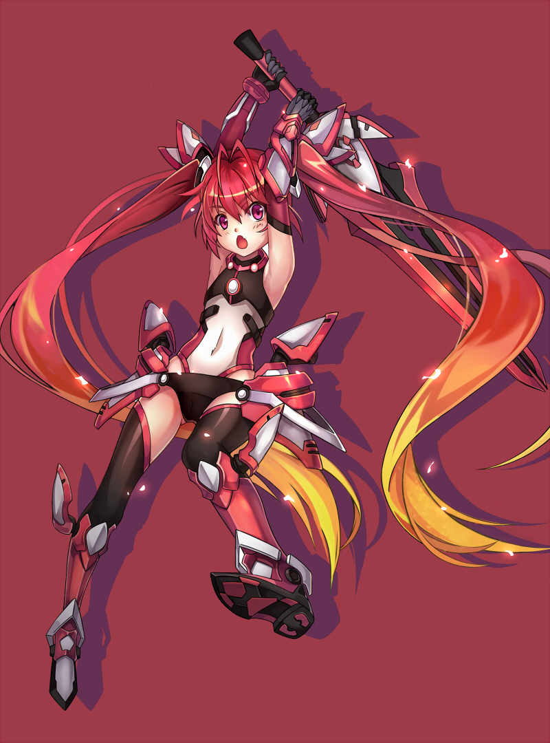 1girl arms_up blonde_hair blush gradient_hair huazang long_hair multicolored_hair open_mouth ore_twintail_ni_narimasu pink_eyes red_background redhead simple_background solo sword tail_red twintails very_long_hair weapon