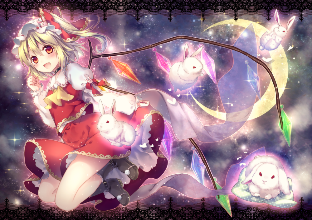 1girl blonde_hair blush boots bow choker crescent_moon flandre_scarlet hat hat_bow moon open_mouth rabbit red_eyes riichu short_hair side_ponytail skirt solo space touhou wings