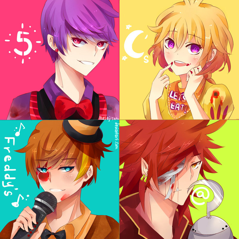 1girl 3boys 5 @ androgynous bandage_over_one_eye bangs bib blonde_hair blood blood_on_face blood_on_fingers bloody_clothes blue_eyes bonnie_(five_nights_at_freddy's) bowtie brown_hair chica copyright_name ear_piercing fang five_nights_at_freddy's foxy_(five_nights_at_freddy's) freddy_fazbear hat hook_hand humanization masajisan microphone moon multiple_boys musical_note number open_mouth piercing pointy_ears puffy_sleeves purple_hair red_eyes redhead short_hair smile spiky_hair top_hat violet_eyes watermark yellow_eyes